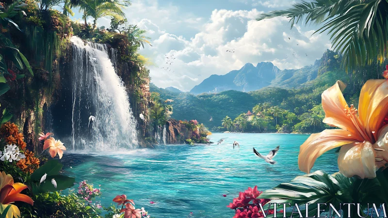 Tropical waterfall paradise unfolds in lush, radiant detail.