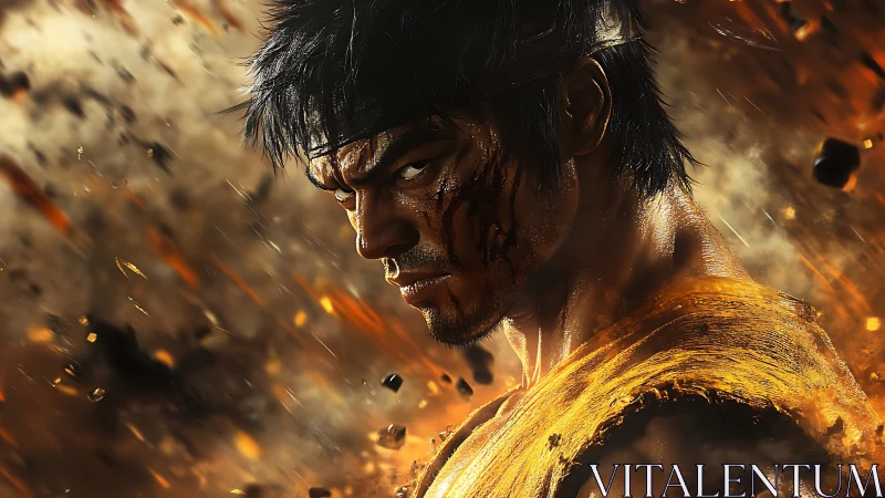 Smoldering warrior narrows his gaze through flying embers