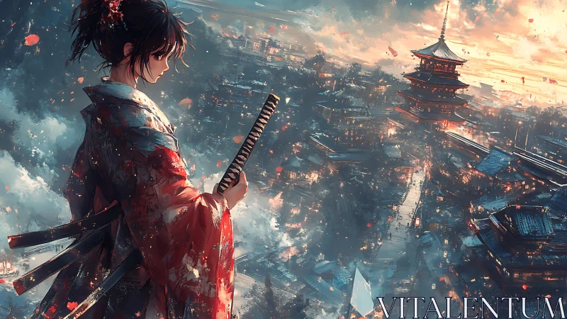 Samurai woman in kimono overlooks dramatic cityscape.
