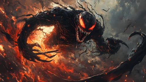 Volcanic symbiote titan emerging from incandescent stormfield.