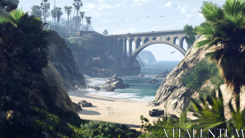 Coastal arch bridge spanning rocky inlet with sandy beach.