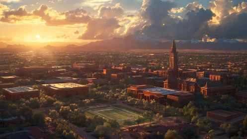 Sunlit desert campus skyline under dramatic sunset clouds