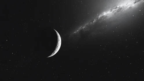 Crescent lunar surface against star field and galaxy band.