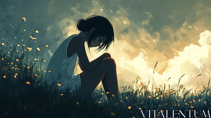 Solitary girl in dusk meadow with luminous wildflowers.