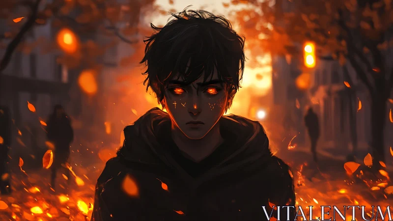 Fiery-eyed boy in autumn street engulfed by glowing embers.