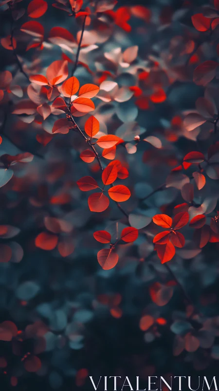 Crimson foliage bokeh with teal-toned botanical background.