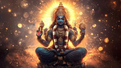 Seated blue-skinned deity with radiant golden aura in space