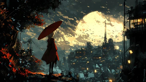 Figure with umbrella facing illuminated industrial cityscape.