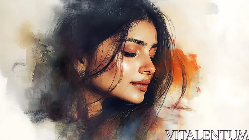 Side profile portrait shows closed eyes and soft painterly glow