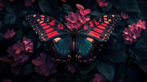 Vivid butterfly resting on dark floral garden at night.