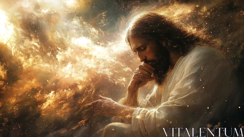 Starlit contemplative figure listens to the quiet cosmic fire