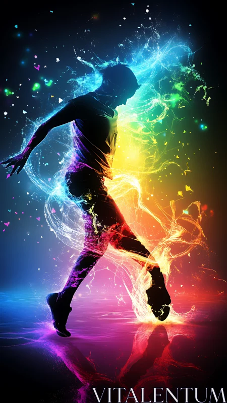 Silhouetted dancer moves through swirling neon light trails