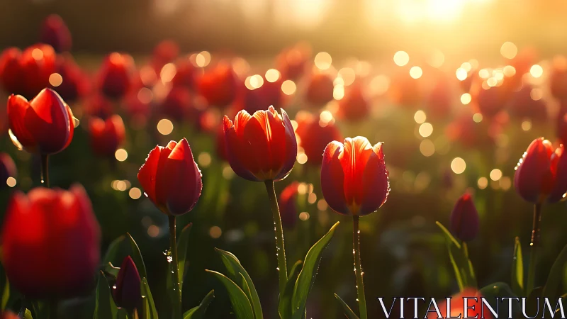 Red tulips photographed with depth of field blur and warm light filtering