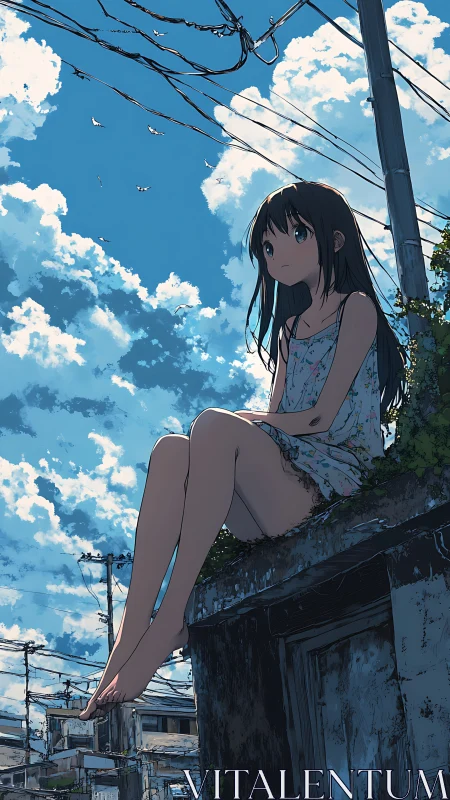 Girl on rooftop ledge under bright summer sky.