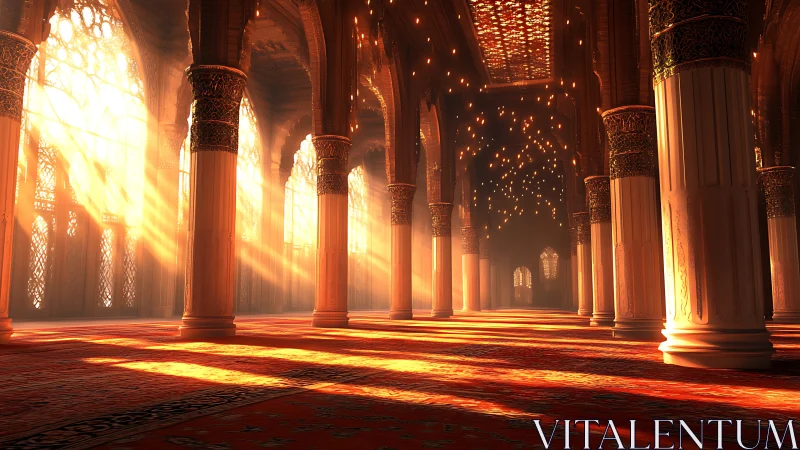 Digital palace interior with radiant volumetric sunbeams rendered.