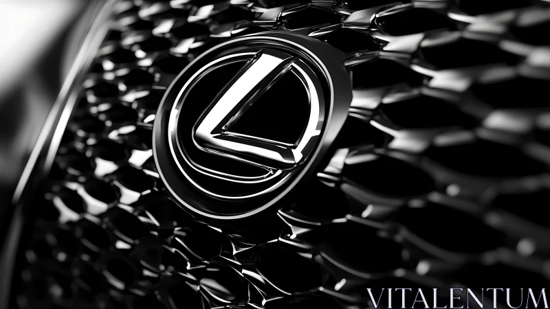 Close-up Lexus emblem on dark gloss mesh grille surface.