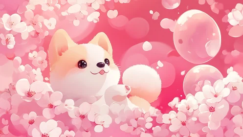 Softly lit chibi dog rendered amid pink blossoms and bubbles