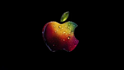 Vibrant Rainbow Apple Logo with Water Droplets on Black Background.