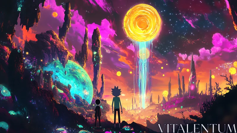 Bioluminescent alien valley with twin observers under radiant portal