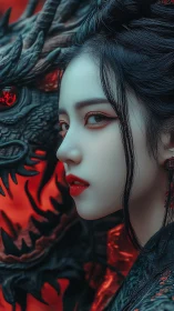 Profile view of woman beside stylized dragon sculpture.