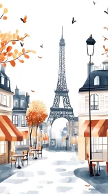 Parisian street scene with Eiffel Tower in autumn light.
