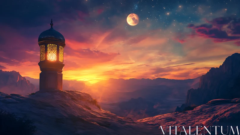 Lantern tower stands on rocky ridge under vivid sunset sky