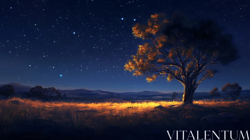 Starlit prairie sentinel crowned in ember-gold midnight glow.