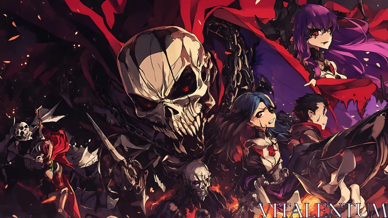 High-contrast skeletal warlord leads multi-character anime battle tableau
