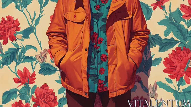 Person in orange coat before floral patterned backdrop.