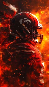 Blazing gridiron warrior framed in embers and light.