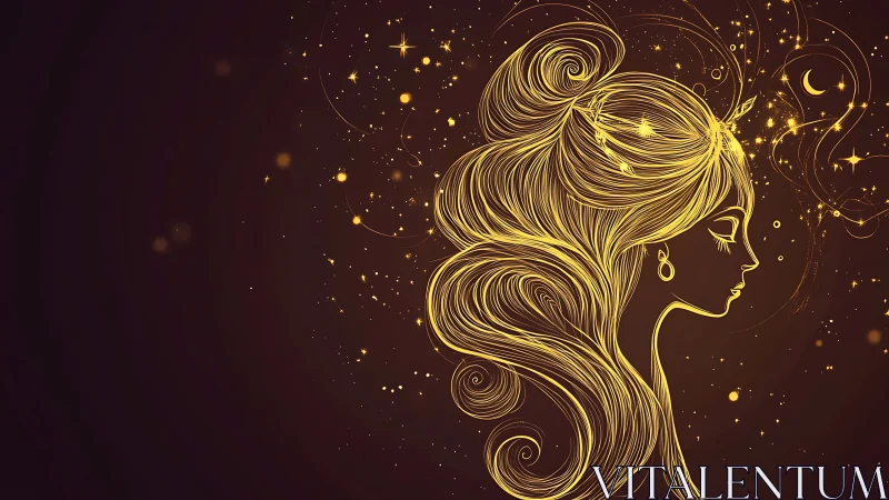 Elegant golden line art of a woman with celestial elements on dark background.