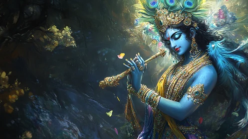 Blue-skinned figure plays flute amid dense ornamental foliage