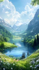 Gentle alpine lake sparkles beneath bright snow peak skies