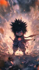 Fiery-eyed chibi warrior stands within swirling ember storm