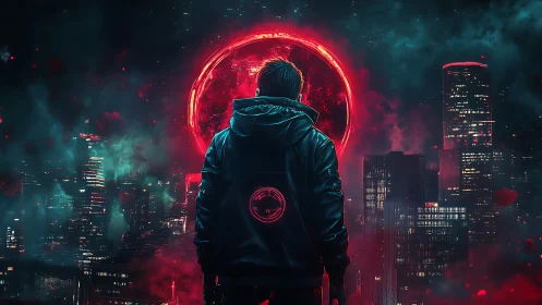 Backlit urban figure observing red eclipse above neon skyline