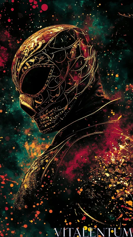 Masked cosmic guardian stands in a burst of glowing color