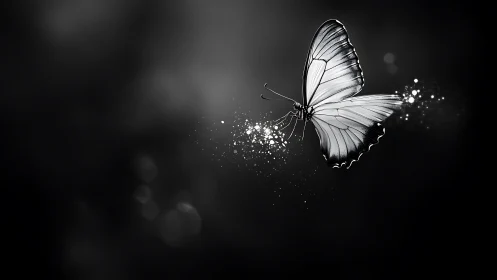 Monochrome butterfly glides through luminous drifting stardust