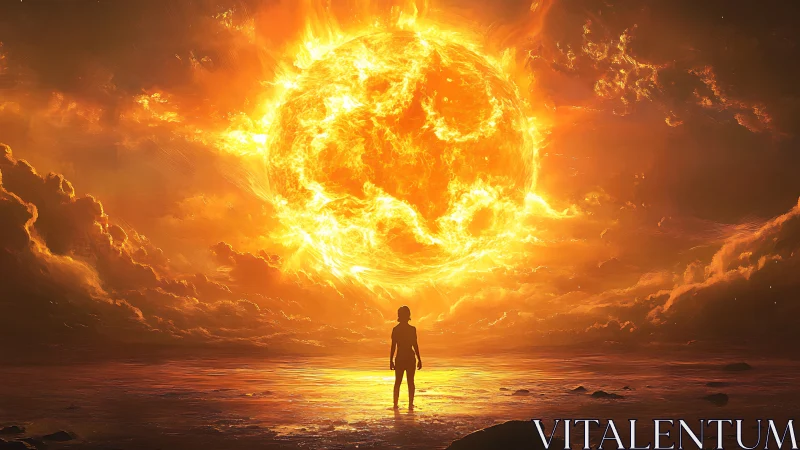 Solitary observer before colossal stellar firefront horizon.