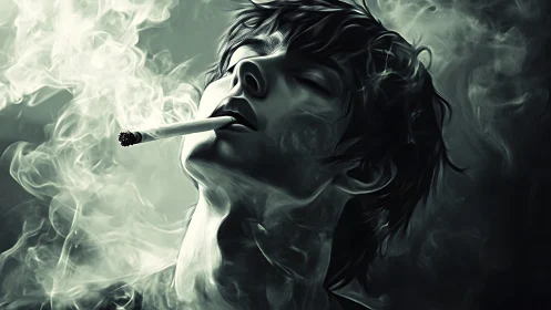 Monochrome digital portrait of smoker in dense swirling smoke.