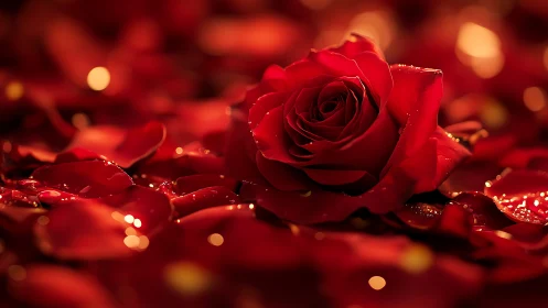 Deep crimson rose rests among luminous petals.