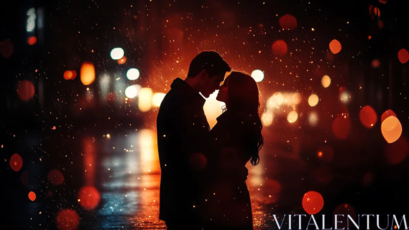 Silhouetted Couple Kissing in Rain.