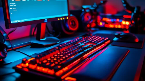 Cozy neon gaming desk glowing with bold red blue light.