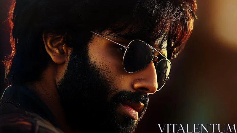 Stylish bearded man in aviator sunglasses against warm glow.