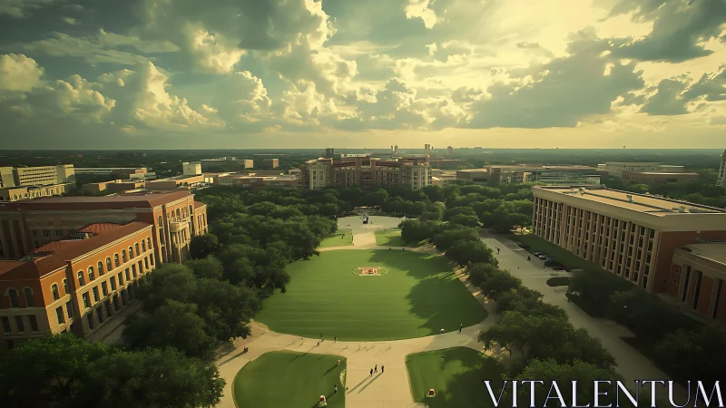 Sunlit university quad and red-brick campus panorama.
