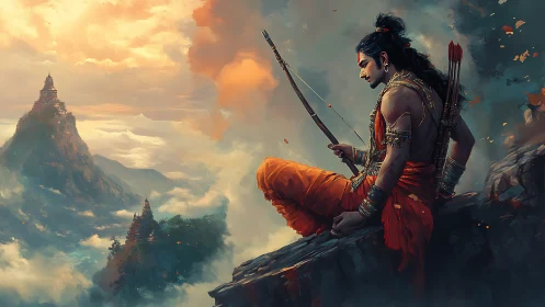 Epic archer on cliff ledge overlooking misty temple mountains