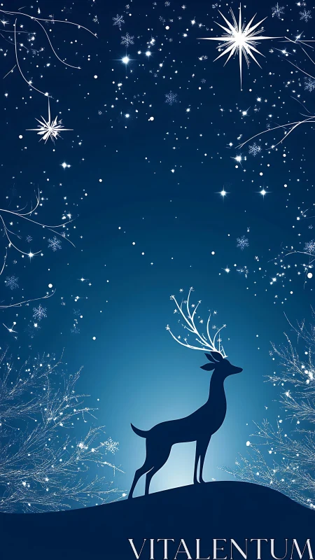 Silhouetted deer under stylized winter night sky scene.