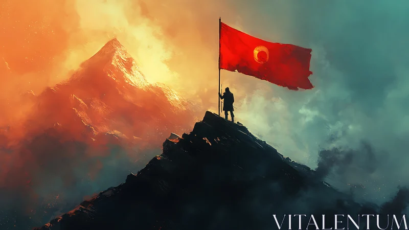 Lone climber claiming a fiery summit beneath bold red flag.