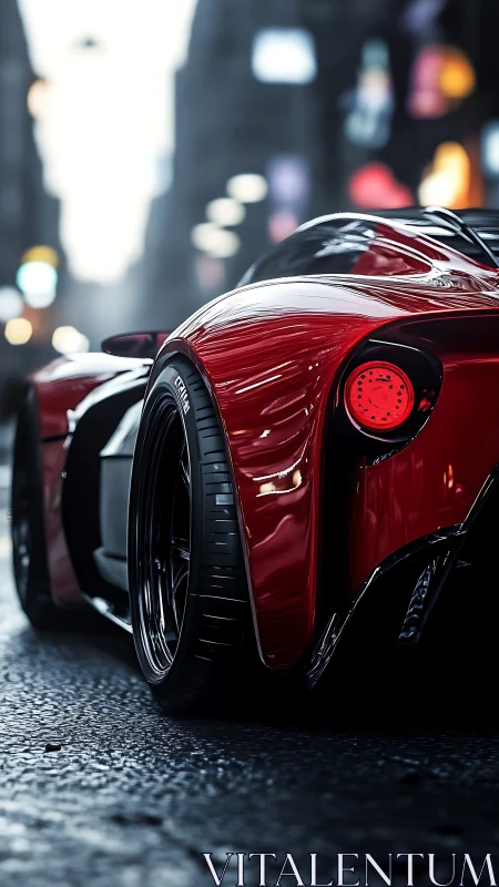 Sleek red supercar catching city lights on a rainy street.
