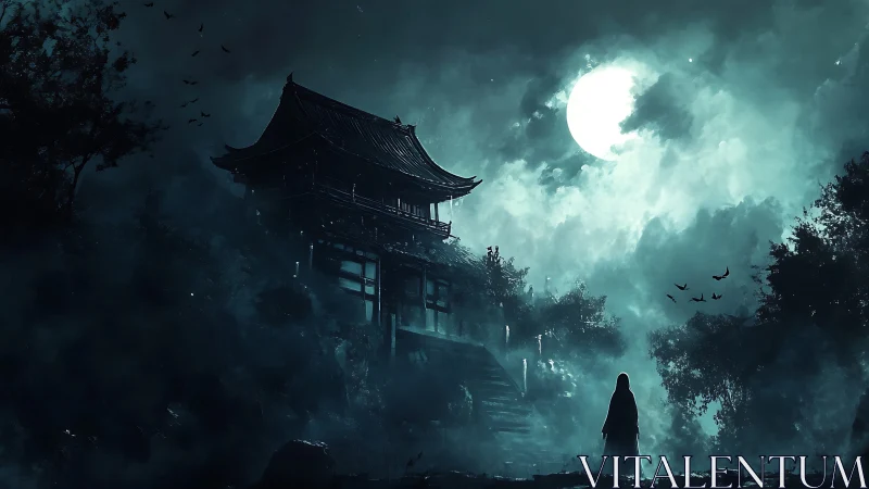 Solitary figure approaches moonlit temple on misty hill