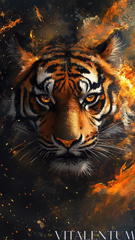Incandescent tiger visage amid combustive chromatic turbulence.